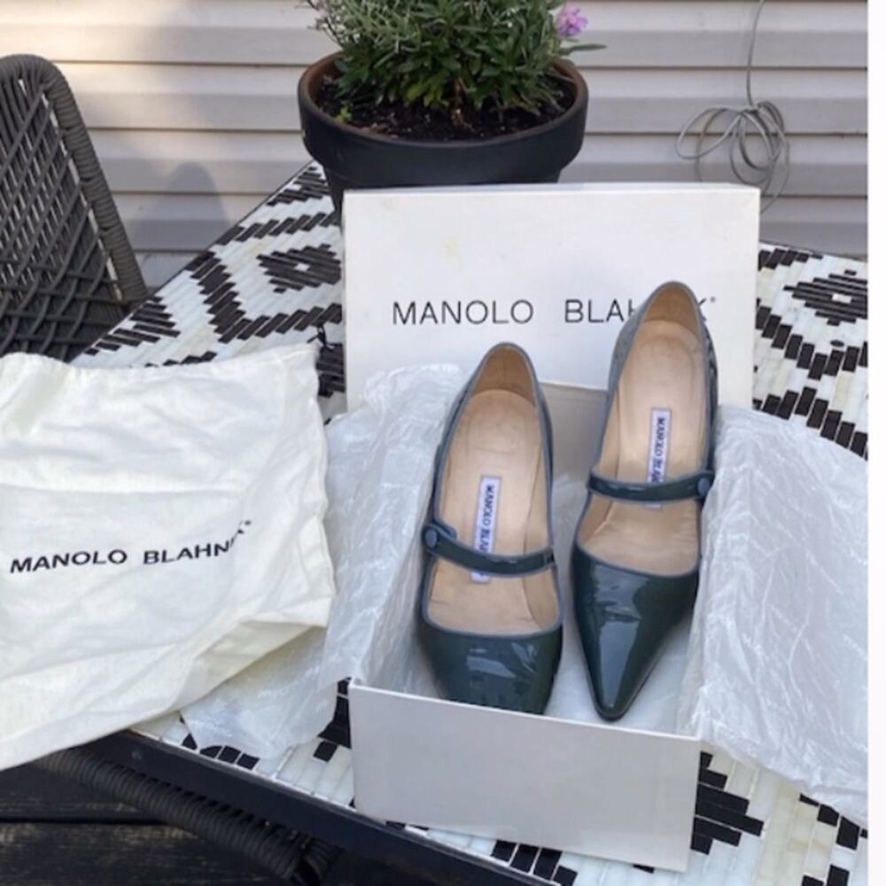 MANOLO BLAHNIK green patent Campari Mary Janes Pumps Heels Shoes Size 36.5 - Picture 3 of 8